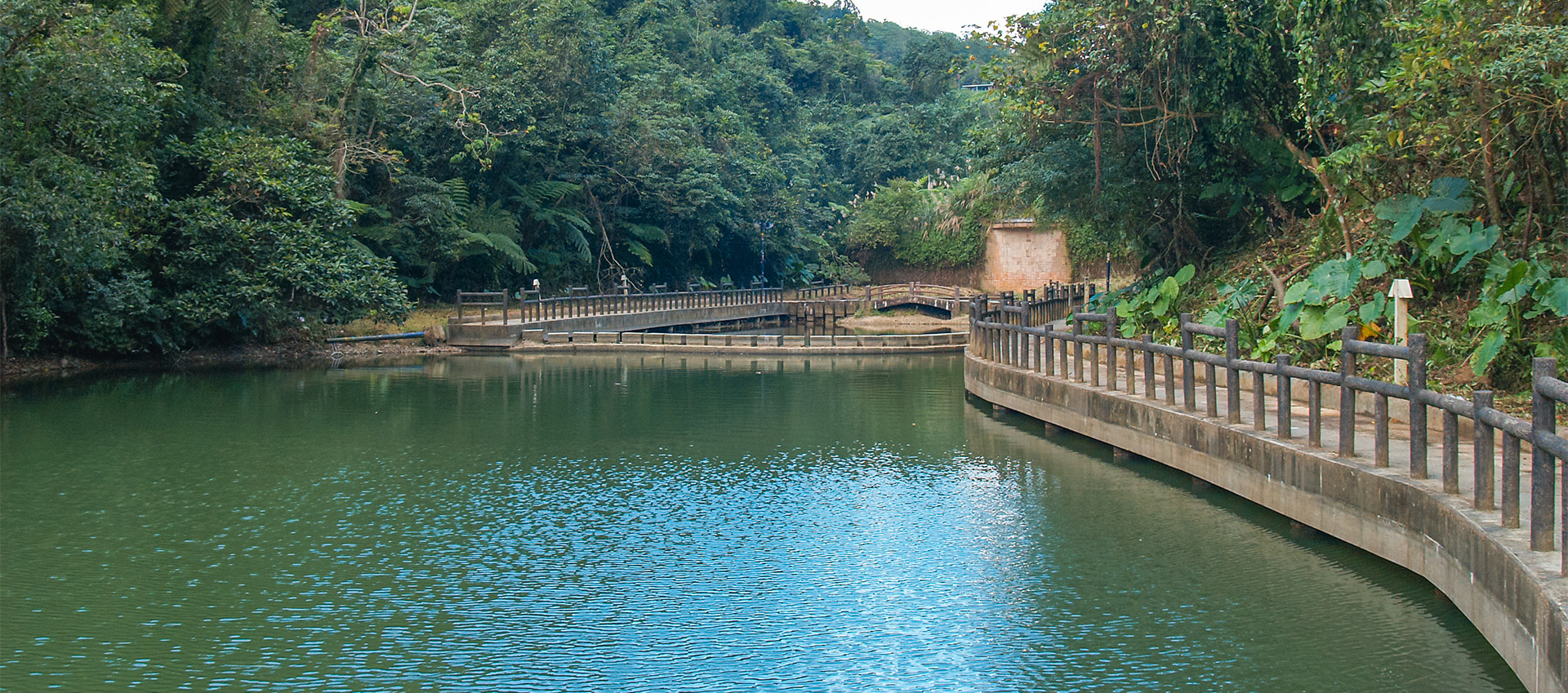 長埤湖平靜的湖面與環湖木棧道
