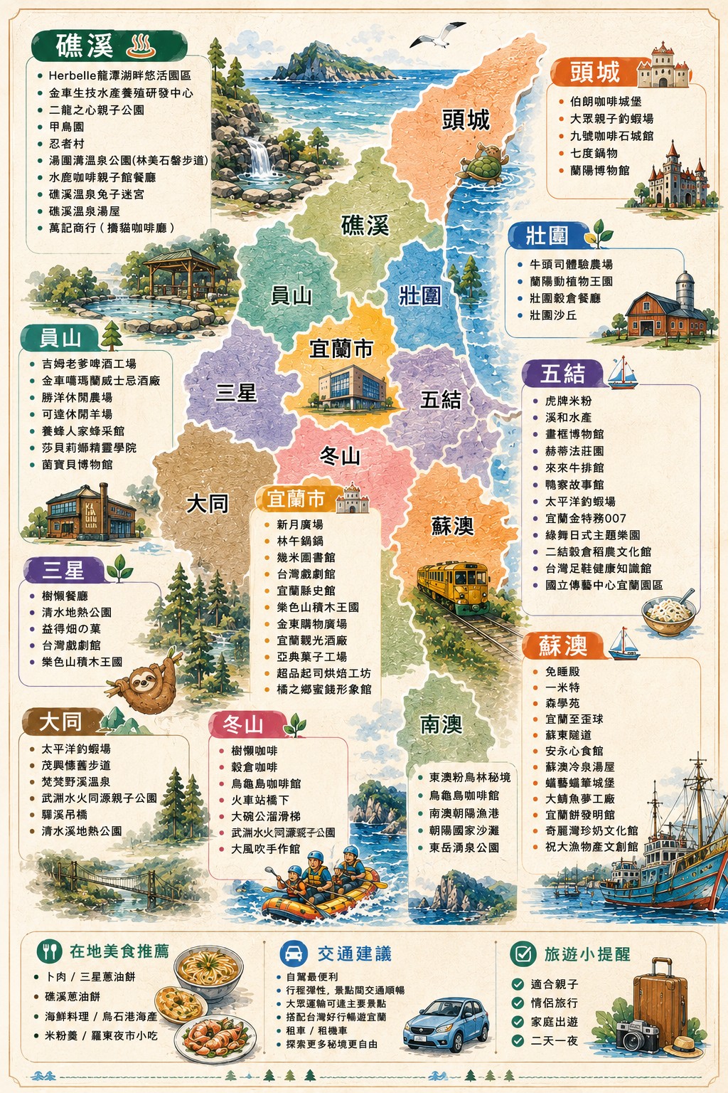 宜蘭室內景點A4手繪地圖——11鄉鎮雨天備案分區整理